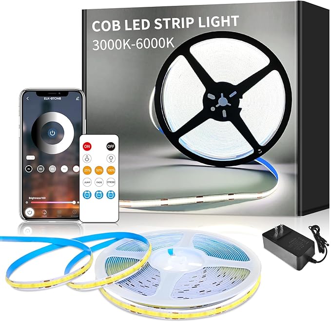 32.8ft COB LED Strip Light White Dimmable DC 24V 6000K Flexible LED Tape Light for Bedroom, with Remote and app Control LED Tape Lights,for DIY Home Decoration（White