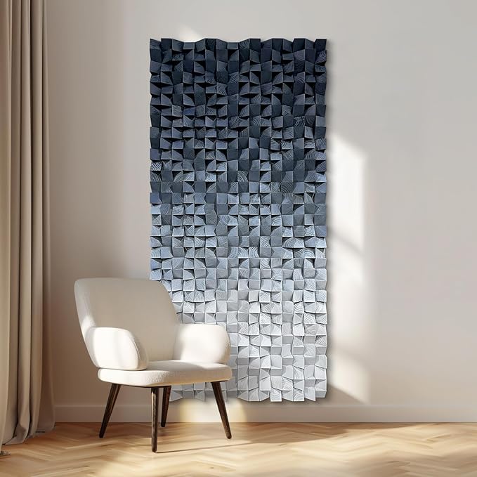 LIUZEYUE - 3D wooden block decoration painting art wall decoration 3D wooden background wall living room bedroom study (blue gray gradient) 39.4"x78.7"