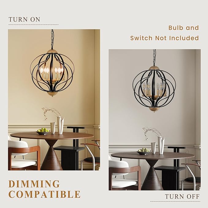 Black and Gold Chandelier, Modern Farmhouse Chandelier 17.7" Geometric Sphere Chandelier for Entryway 6 Lights Metal Industrial Pendant Light Fixture for Dining Room,Kitchen Island,Stairs,Foyer