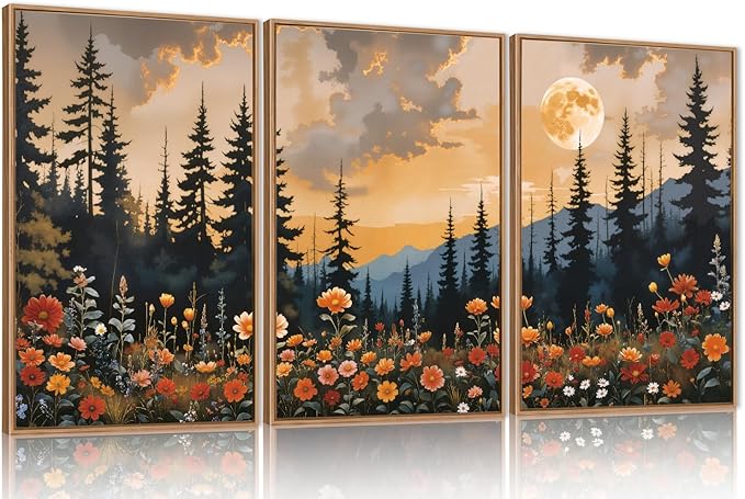 KAIRNE Mountain Forest Landscape Framed Wall Art Set of 3, Nature Full Moon Pine Tree Scenery Wall Decor, Vintage Boho Sunset Flowers for Living Room Bedroom Office - 16×24inch