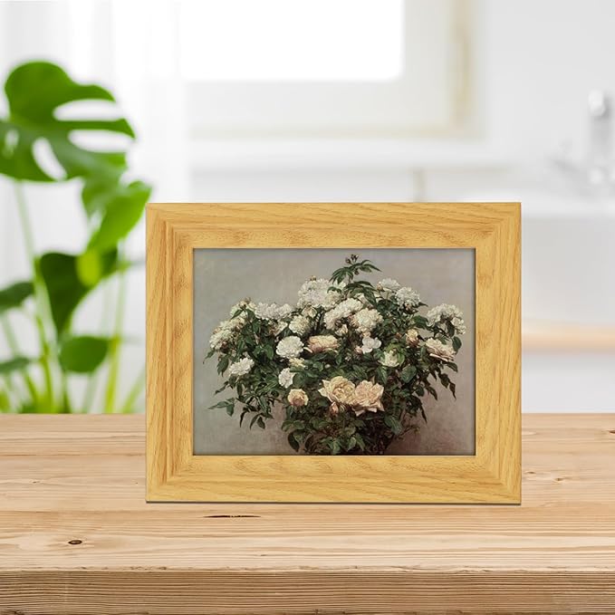 Brivoria Framed Canvas Wall Art Vintage Decor, Realistic Botanical Artwork with White and Pink Rose Bush in Bloom and Soft Background for Kitchen Bedroom Tabletop Display or Shelf Decor, 8"x10"