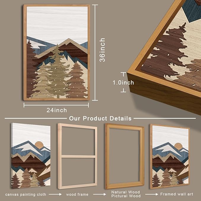 BINCUE Large Boho Mountain Canvas Framed Wall Art Set of 3 Forest Mountain Sun Wall Decor Boho Artwork for Living Room Bedroom Office 24x36 Inch Gift