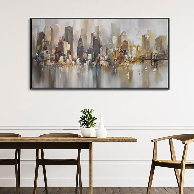 New York City Wall Art - Framed Modern Abstract Wall Art for Living Room, Office & Bedroom Cityscape & Paintings for Bedroom brooklyn bridge Pictures Wall Decor Chicago Artwork for Walls 29×58IN