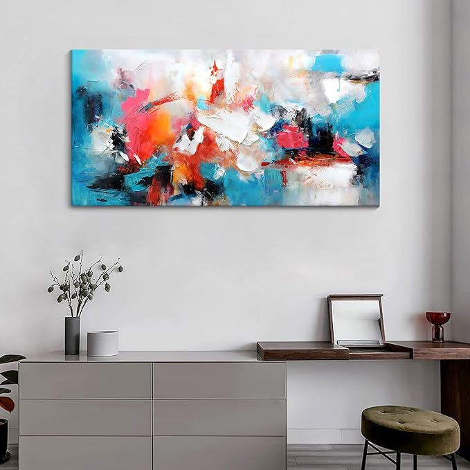 Abstract Wall Art Canvas Hand-Painted Art in Blue and Pink Office Wall Decor Wall Art for Living Room Paintings for Wall Decorations Modern Wall Decor for Bedrooms, and dining Room 24×48in