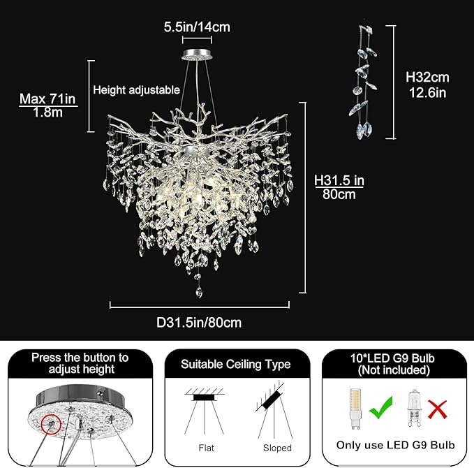 32 inch Crystal Chandelier for Dining Room, Round Silver Tree Branches Chandeliers, Top K9 Crystal Chandelier, Modern Chandeliers for Kitchen,Foyer Entryway,Luxury Adjustable Hanging Chandeliers