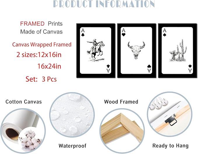 3Pcs Western Cowboy Canvas Wall Art Rustic Southwestern Style Poster Funny Creative Poker Ace Print Retro Western Aesthetic Image Cowboy Horse Bull Skull Cactus Painting for Bedroom Living Room Bathroom 12x16in Framed