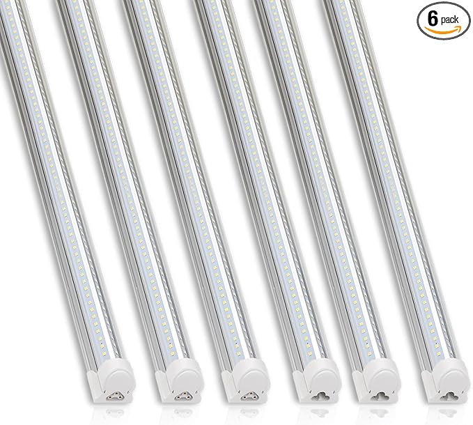 Barrina T8 LED Shop Light, 6FT 60W 8500LM 5000K, Clear Cover Linkable Garage Lights, V-Shape LED Light Fixture, Shop Lights for Garage, Warehouse, Workshop, Basement, ETL Listed, 6 Packs