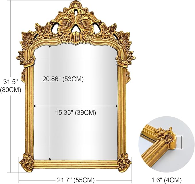 Baroque Vintage Mirror with Gold Arch Frame, Antique Ornate Mirror for Wall Decor, 21.7'' x 31.5'' Gold Wall Decor for Entryway, Fireplace, Living Room, Bathroom