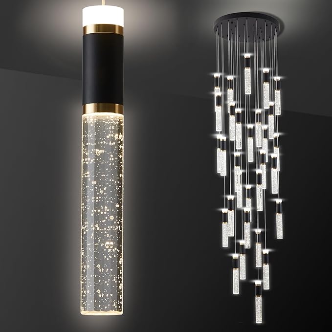 Large Chandelier for High Ceiling Long Crystal Modern Foyer Chandelier Hallway Dimmable Pendant Light for Entryway