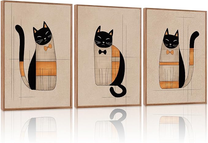 LHIUEM Boho Black Cats Wall Decor Vintage Cat Pictures Wall Art Set of 3(12”X16”) Whimsical Kitten Canvas Paintings Abstract Kitty Framed Art Gift Minimalist Bow Cat Posters for Room Office Aesthetic