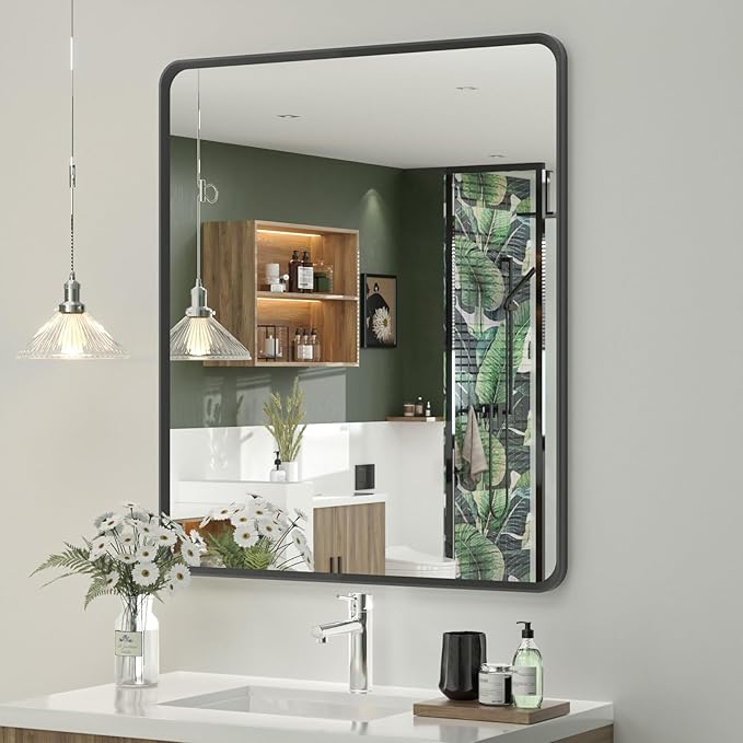 OKPAL 28X32 Inch Black Bathroom Mirror, Bathroom Vanity Mirror for Wall, Black Rectangle Mirror, Round Corner, Rustproof, HD Glass(Horizontal/Vertical)
