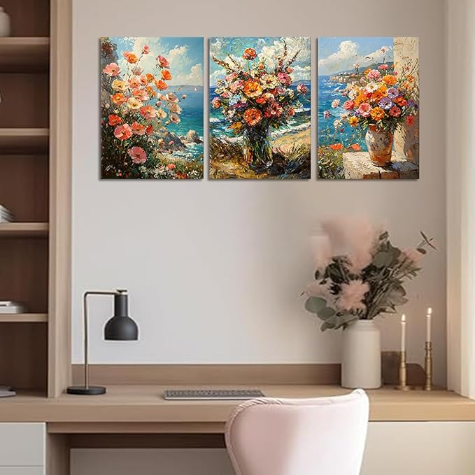 Bouquet on the Beach Vintage Flower Canvas Wall Art French Country Floral in Vase Prints Oil Painting Farmhouse Still Life Poster for Bedroom Living Room Framed - 12x16inchx3pcs