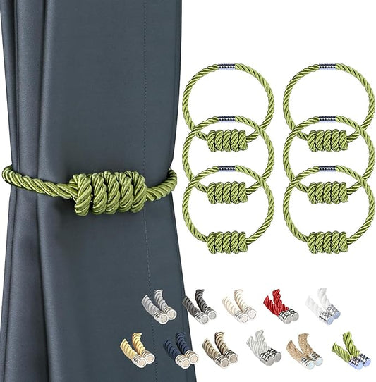 BEL AVENIR Magnetic Curtain Tiebacks, Decorative Drapery Holdbacks Modern Woven Tie-Backs with Exquisite Knot (Green, 6 Pack)