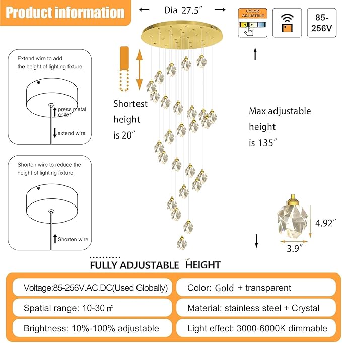 26 Light Gold Large Crystal Chandeliers for High Ceiling 135 inches Long Spiral Staircase Chandelier High Foyer Ceiling Chandelier LED Dimmable 2700-6000K