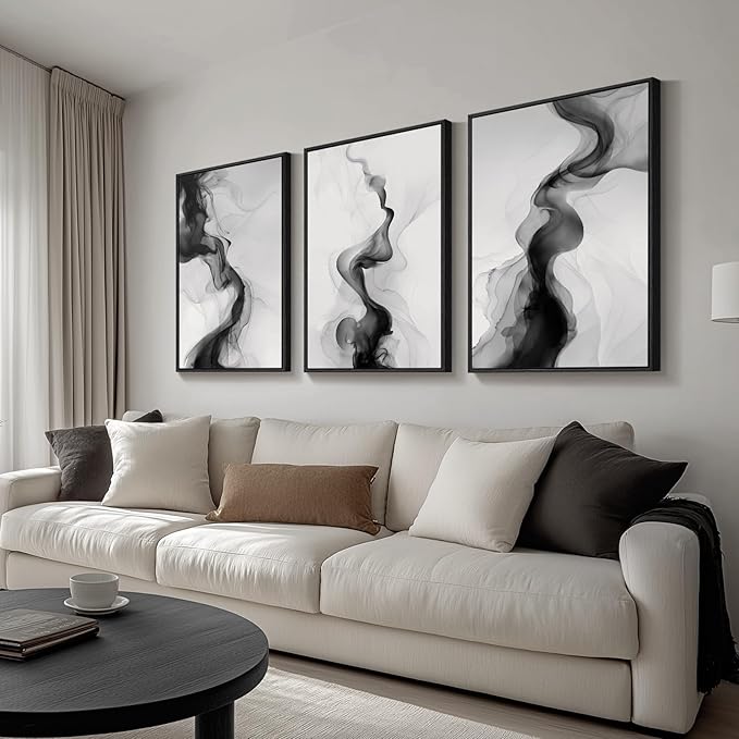 Large Framed Black and White Abstract Wall Art for Living Room, Set of 3 Modern Canvas Prints Paintings Artwork for Walls -Minimalist Pictures for Hallway, Bedroom, Office Wall Decor 24x36 In