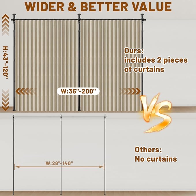 AJAZZ Room Divider Curtain (2 Panels, Beige, W100 x L84 in)+ Curtain Rods No Drilling Adjustable Tension (H) 43-120×(W) 35-200 in, Heavy Duty Wall Divider for Apartment/Dorm