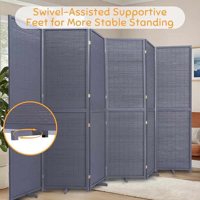 Bamboo Room Divider Folding Privacy Screens, Wall Divider for Room Separation, Portable Room Partitions and Dividers, 5.6FT Bamboo Mesh Woven Room Divider Panel (Grey, 6 Panel)
