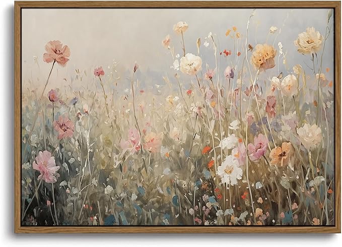 KISSFOX Vintage Summer Wildflower Framed Wall Art Flower Landscape Canvas Art Rustic Country Paintings Art Prints Modern Farmhouse Pictures Wall Decor For Kitchen Bedroom