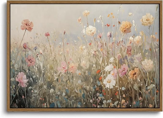 KISSFOX Vintage Summer Wildflower Framed Wall Art Flower Landscape Canvas Art Rustic Country Paintings Art Prints Modern Farmhouse Pictures Wall Decor For Kitchen Bedroom