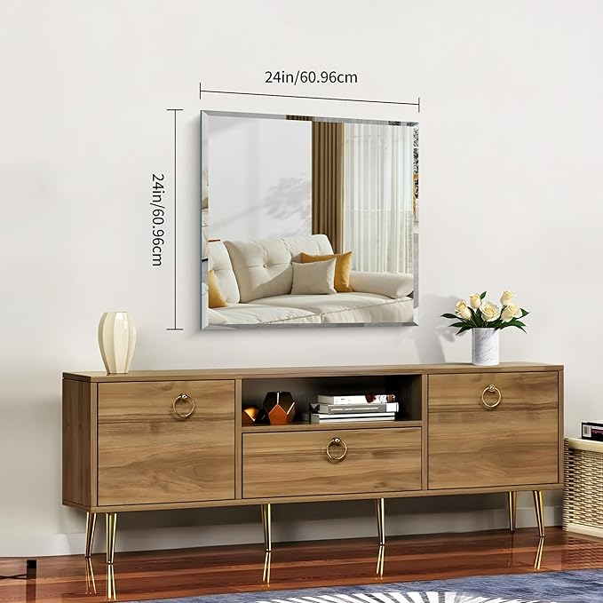 Beveled Mirror, 24x24 inch Square Bathroom Mirrors for Wall, Upgraded Shatterproof Frameless Vanity Mirror Over Sink with Beveled Edge for Bathroom,Bedroom,Living Room and Entryway