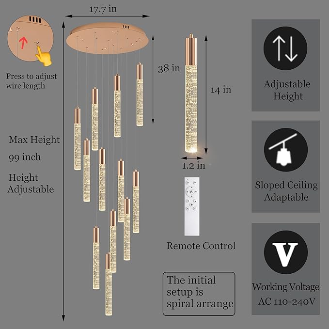 12-Lights High Ceiling Crystal Chandelier, Modern Large LED Raindrop Pendant Light Fixture 99" H Flush Mount Chandelier Gold for Foyer Staircase Villa Living Room