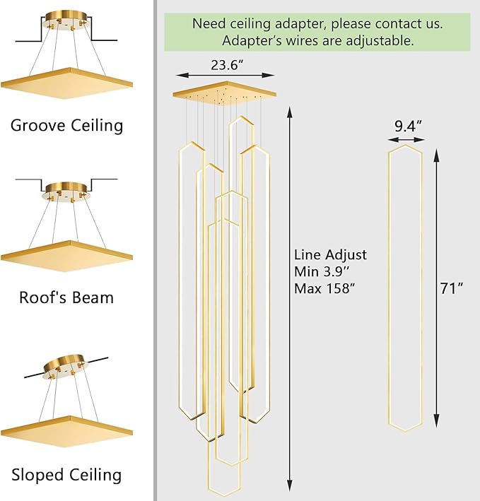 6 Rings Large Chandelier for Staircase Modern High Ceiling Chandelier LED Dimmable Chandeliers for Foyer Living Room Villa Gold