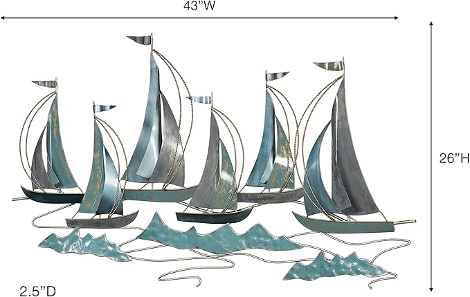 Afternoon Regatta Sailboat Wall Sculpture | Dimensional Nautical Sail Boat Coastal Metal Wall Art Decor | Sailboats Ocean Sea Waves Sailing Ship | Large 43 Inches Maritime Sail Boats Ships Sculpture