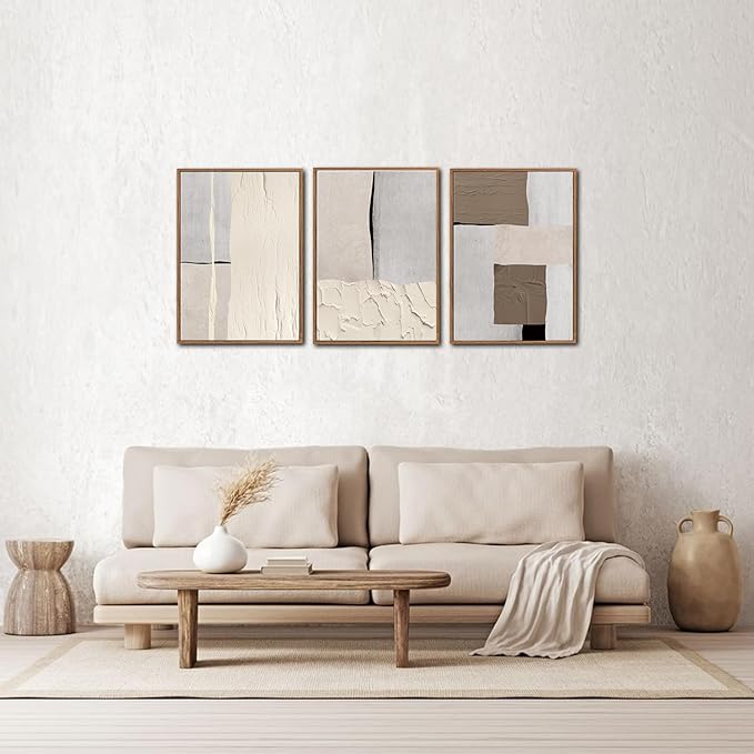 LHIUEM Abstract Neutral Framed Canvas Wall Art Set of 3(12”X16”) Mid Century Beige Textured Wall Decor Brown Wall Art Wood Framed Photography Gray Pictures Above Couch for Living Room Bedroom Office