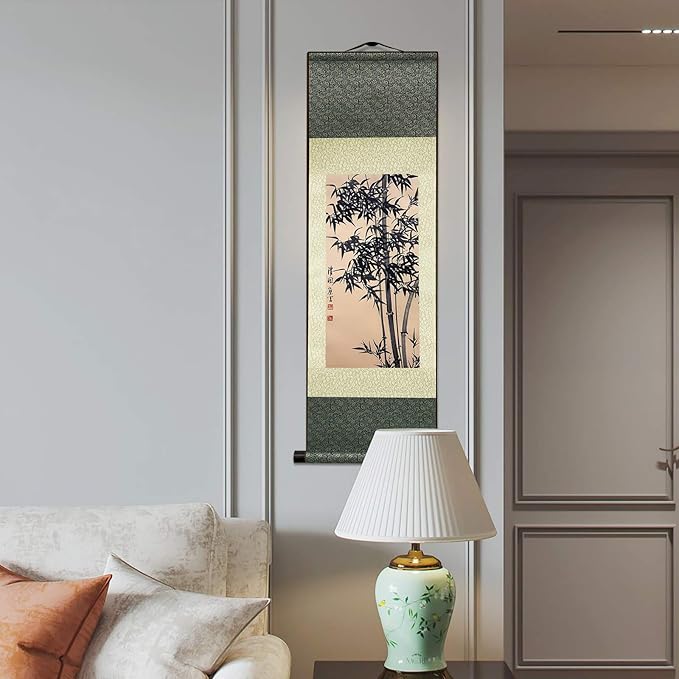 AtfArt Asian Wall Decor Beautiful Silk Scroll Painting Bamboo Leaf Plant - Ancient Bamboo Oriental Decor Chinese Art Wall Scroll Wall Hanging Painting Scroll (36.2 x 12 in)