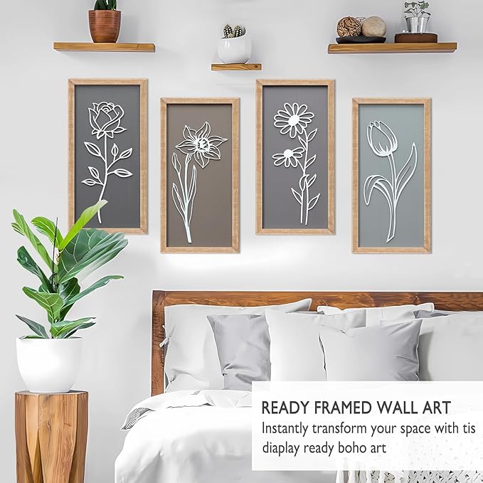 3D Wooden Floral Framed Wall Decor of 4, 7"X16" Farmhouse Vintage Boho Minimalist Flower Wall Art for Living Room, Rustic Retro Moody Vertical Tulip Rose Daisy Daffodil Botanical Wall Sculptures