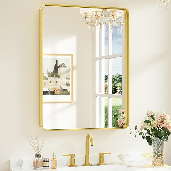 Keonjinn Gold Bathroom Mirrors for Vanity, 24 x 32 Inch Rounded Rectangle Gold Mirror for Wall, Brushed Brass Mirror with Metal Frame, HD Tempered Glass Modern Gold Framed Mirrors(Horizontal/Vertical)
