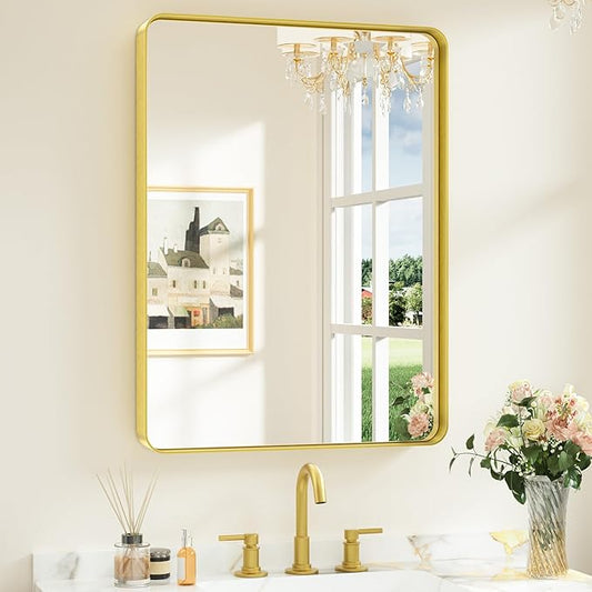 Keonjinn Gold Bathroom Mirrors for Vanity, 24 x 32 Inch Rounded Rectangle Gold Mirror for Wall, Brushed Brass Mirror with Metal Frame, HD Tempered Glass Modern Gold Framed Mirrors(Horizontal/Vertical)
