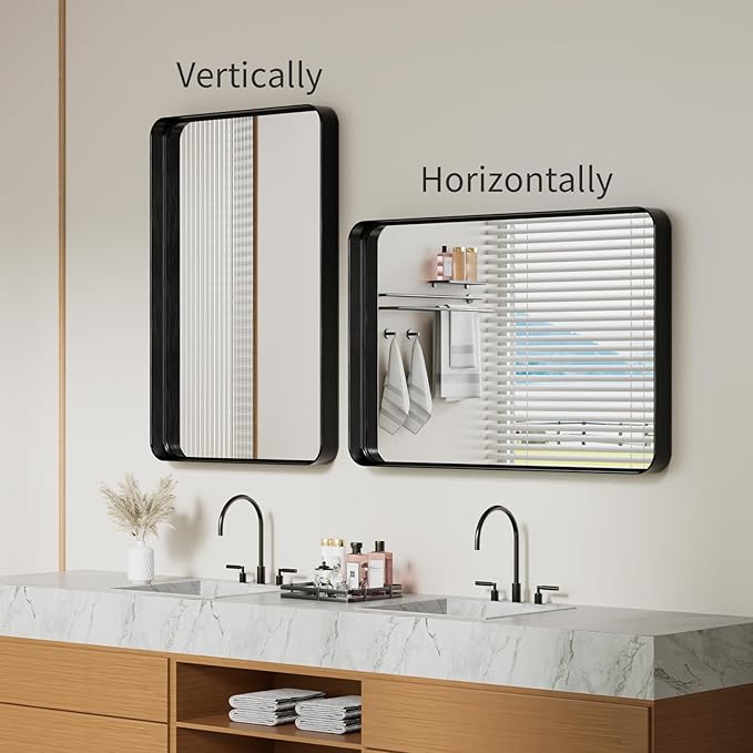 Koonmi Black Wall Mirror for Bathroom, 24x36 Inch Matte Deep Framed Rounded Rectangle Vanity Mirror for Farmhouse Living Room, Tempered Glass, Anti-Rust, Vertically or Horizontally