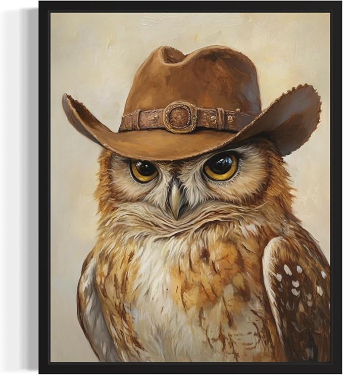 Owl Cowboy Art Print Poster Wall Art, Western Country Farmhouse Wild West for Bedroom, Bathroom, Living Room Art Decor 58 (Owl, 16 x 20 inches, Black Frame)