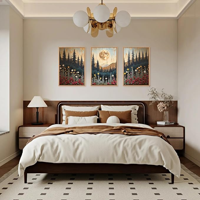 Ausril Vintage Moon Forest Wall Art Set of 3-16x24 Inch Framed Canvas Prints, Wildflower Mountain Landscape Painting, Nature Pine Tree Floral Decor for Living Room, Bedroom, Office, Boho Home Decor