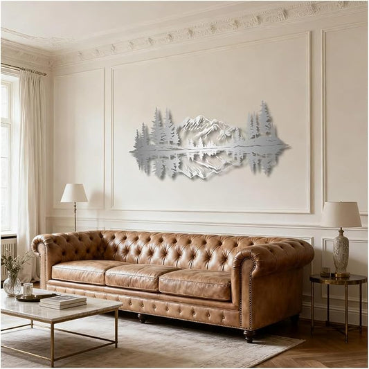 Mountain View Metal Wall Art,Nature Landscape Home Decor with Reflection,Black Iron Sculpture for Bedroom Garden Living Room Outdoor Office(Silver,30 x14 in/76x35 cm)