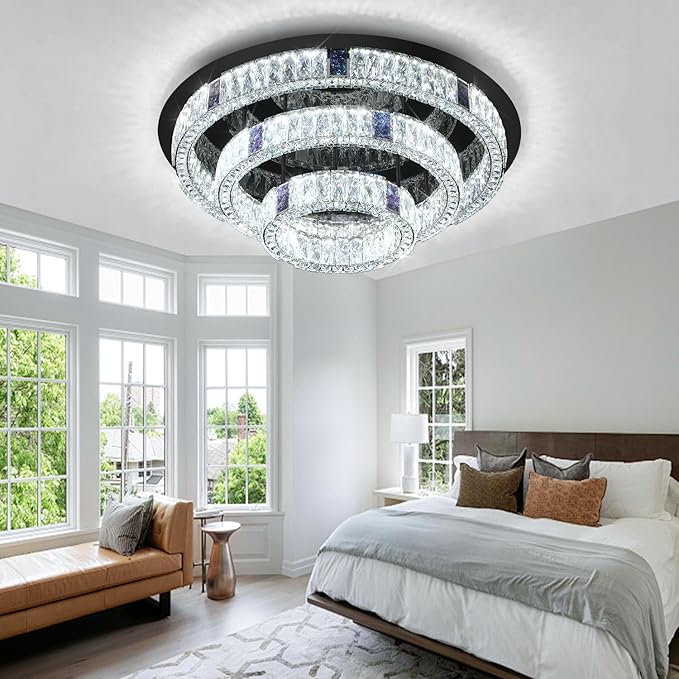 32'' Modern Flush Mount Crystal Chandelier for Living Room Round Ring Chandelier Black 3-Tier Crystal Ceiling Light for Dining Room Kitchen Bedroom Dimmable Lighting