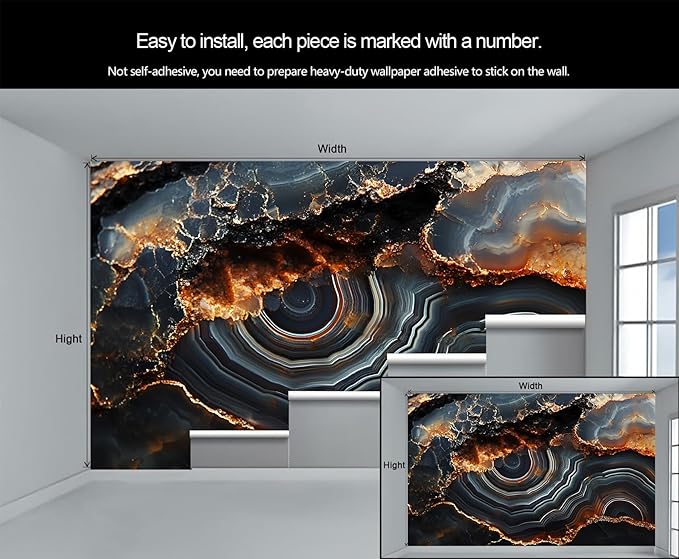 3D Agate Stone Mural Wallpaper, Black Gold Marble Murals, Modern Fashion Marble Murals, Wallpaper for Living Room Bedroom Boy Girl Room Home Decor Mural (Not Peel Stick)