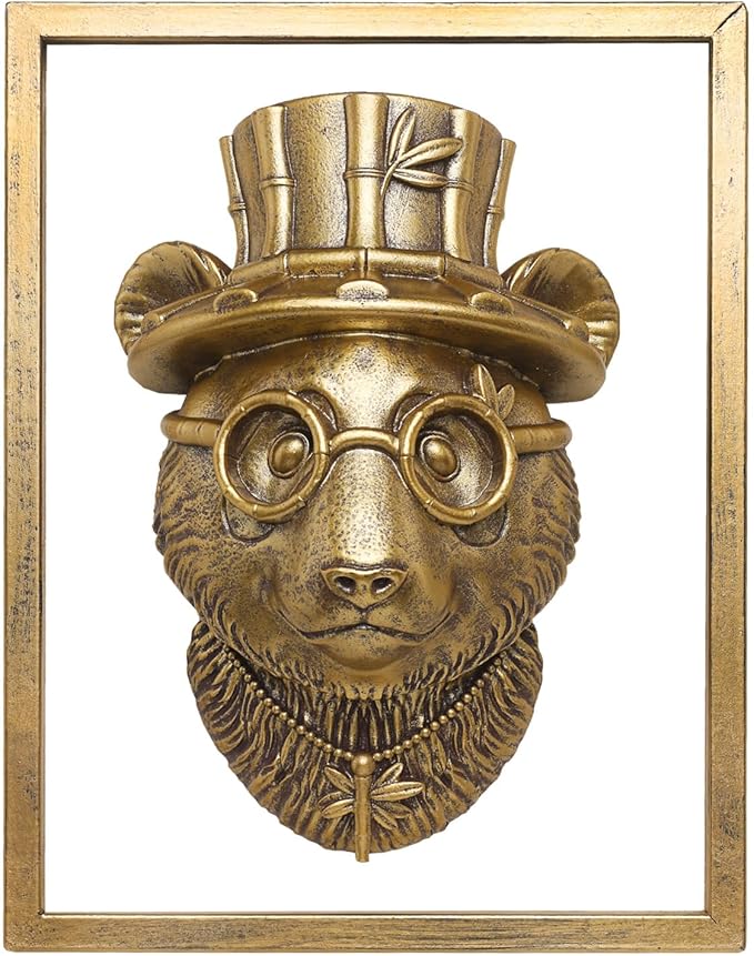 Animal Heads Wall Decor (Includes Metal Frame) Resin Animals Sculptures Head Wall Hanging Decoration Gold vintage Wall Sculpture for Living Room Bedroom Office(Panda)