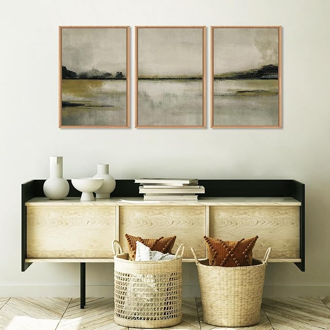 KAIRNE Abstract Mountain Lake Wall Art Set, 3 piece Textured Canvas Wall Decor, Framed Nordic Neutral Tan Painting, Nature Landscape Art Print for Bedroom, Living Room, Office - 24"x36"x3