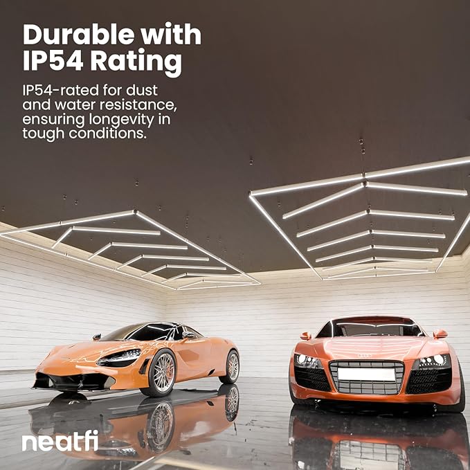 Neatfi 384W LED Garage Light, 42,240 Lumens, 6500K, IP54 Waterproof Ceiling Light for Shops, Car Detailing, Workshops, Gyms, Warehouses, Barber & Beauty Salons (Cool White, 6 Arrows with Hanging Kit)