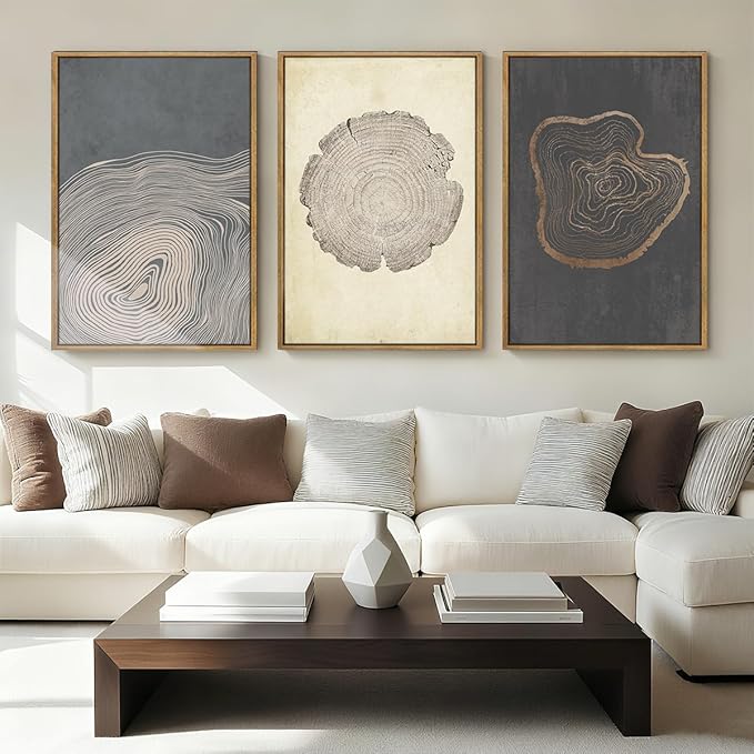 Anyzal Neutral Tree Ring Wall Art Modern Wood Stump Wall Decor 24x36 Inch Set of 3 for Living Room Bedroom Dining Room