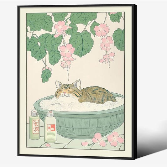 Black Framed Canvas Wall Art Posters Tabby Cat In Bathtub Prints Rustic Neutral Japanese Cute Restroom Animal Painting Funny Japan Cat for Bedroom Living Room Bathroom 8x10in