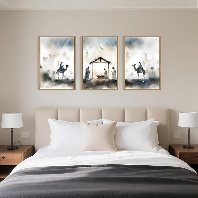 Large Catholic Jesus Nativity Scene Framed Canvas Wall Art Set,Watercolor Holy Birth of Jesus Wall Decor,Trendy Christmas Religious Artwork for Living Room,Bedroom,Church-16 x24 x3