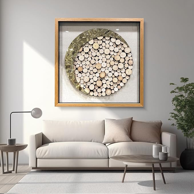 BrightA 3D Square Framed Nature Art - Gold Patina Metal Meets Circular Solid Wood Block Texture, Minimalist Contrast Wall Decor for Calming Spaces 59"x59"