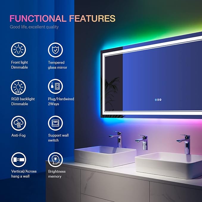 60x36 Inch RGB LED Mirror for Bathroom, RGB Backlit and Front Lighted Bathroom Mirror, Large Dimmable Vanity Mirror with Lights,Anti-Fog, Memory,ETL Listed, Wall Mounted