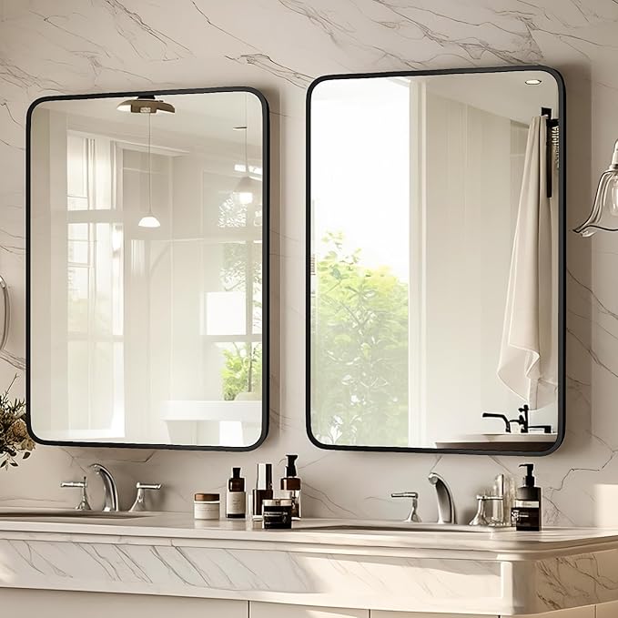 Black Bathroom Mirror 22×30 Inch Rounded Rectangle Bathroom Mirrors for Over Sink Metal Framed Bathroom Vanity Mirrors for Wall Modern Decor for Bedroom, Hallway, Fireplace