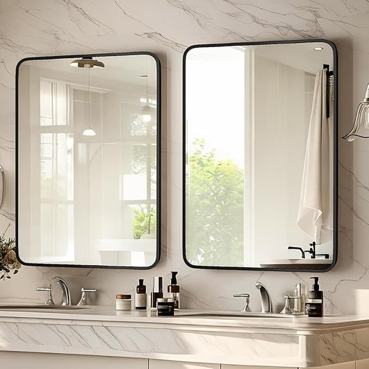 Black Bathroom Mirror 22×30 Inch Rounded Rectangle Bathroom Mirrors for Over Sink Metal Framed Bathroom Vanity Mirrors for Wall Modern Decor for Bedroom, Hallway, Fireplace