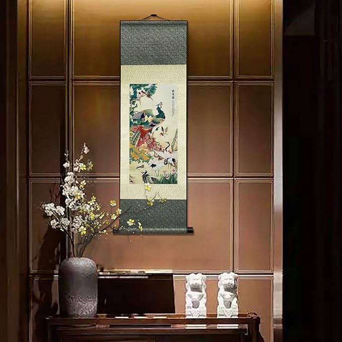 AtfArt Asian Wall Decor Beautiful Silk Scroll Painting Birds - A Hundred Birds Respect The Phoenix Oriental Decor Chinese Art Wall Scroll Wall Hanging Painting Scroll (36.2 x 12 in)