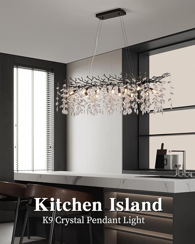 Modern Black Crystal Chandeliers for Living Room, Tree Branch Chandelier 14 Lights Rectangular 47.2" Hanging Pendant Light Fixture for Kitchen Island Dining Room Foyer Entryway